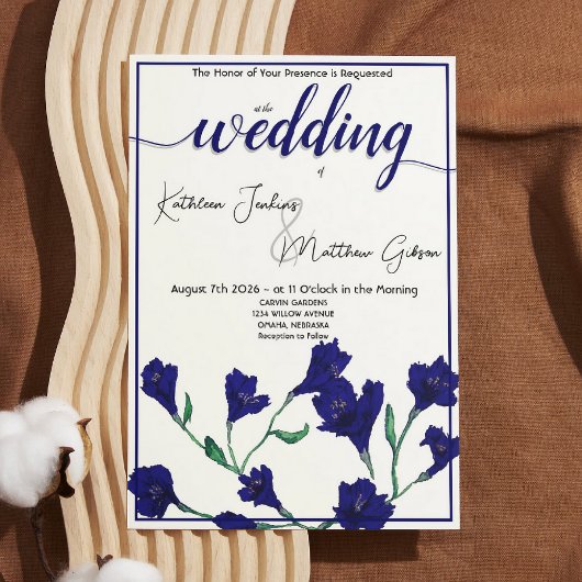 Navy Blue Floral Waterverf Wedding Kaart