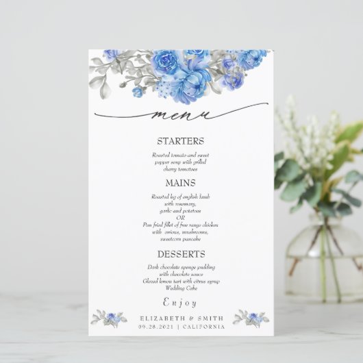 Navy Blue Floral Waterverf Wedding Menu (Staand voorkant)