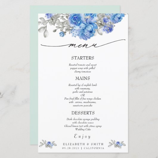 Navy Blue Floral Waterverf Wedding Menu (Voorkant / Achterkant)