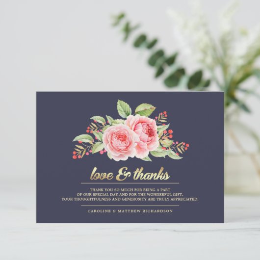 Navy Blue Floral Weddenschap Bedankkaart (Staand voorkant)