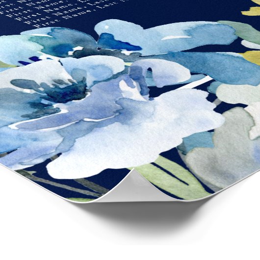 Navy Blue Floral Wedding 16 Table Seating Chart Poster (Hoek)