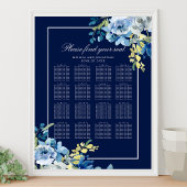 Navy Blue Floral Wedding 16 Table Seating Chart Poster