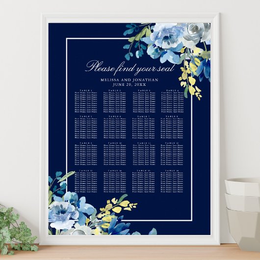 Navy Blue Floral Wedding 16 Table Seating Chart Poster