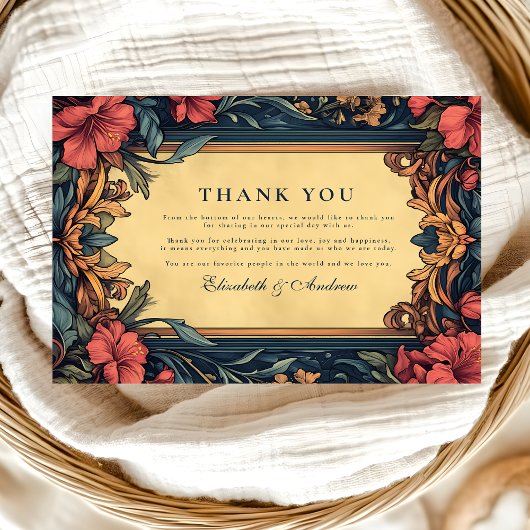 Navy Blue Floral Wedding Art Nouveau Bedankkaart