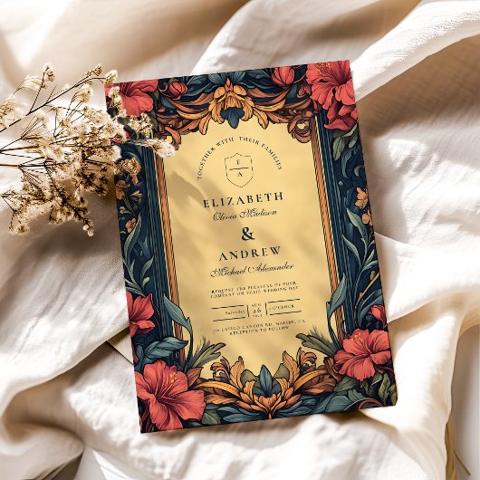 Navy Blue Floral Wedding Art Nouveau Kaart