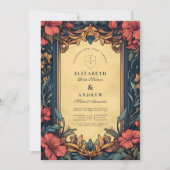 Navy Blue Floral Wedding Art Nouveau Kaart (Voorkant)