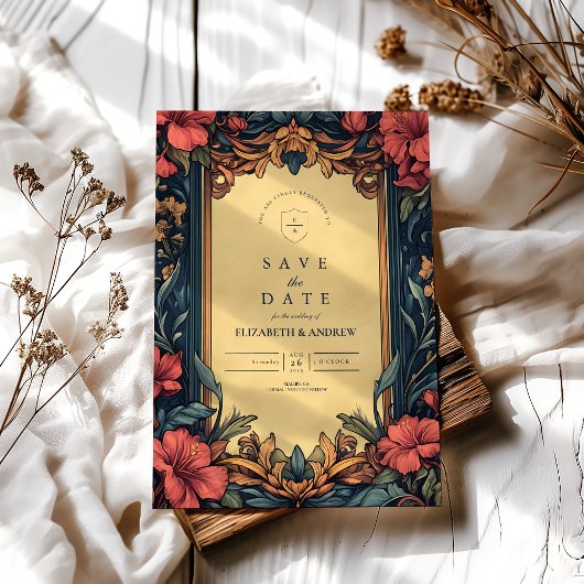 Navy Blue Floral Wedding Art Nouveau Save The Date