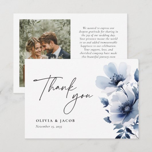 Navy Blue Floral Wedding Bedankkaart (Voorkant / Achterkant)