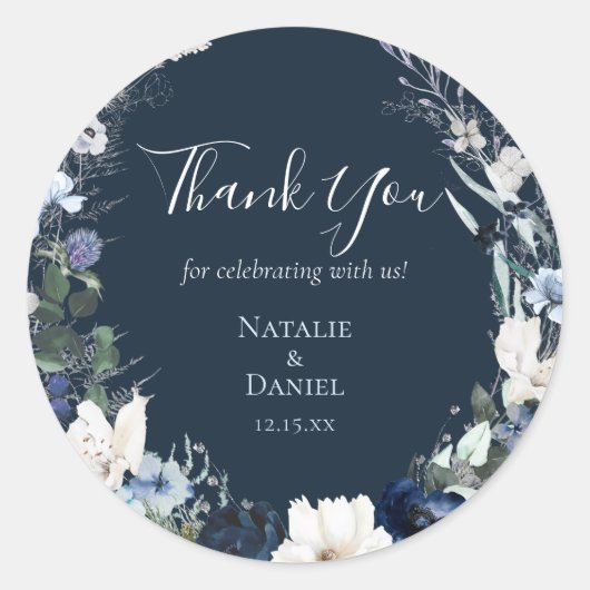 Navy Blue Floral Wedding Bedankt Ronde Sticker (Voorkant)