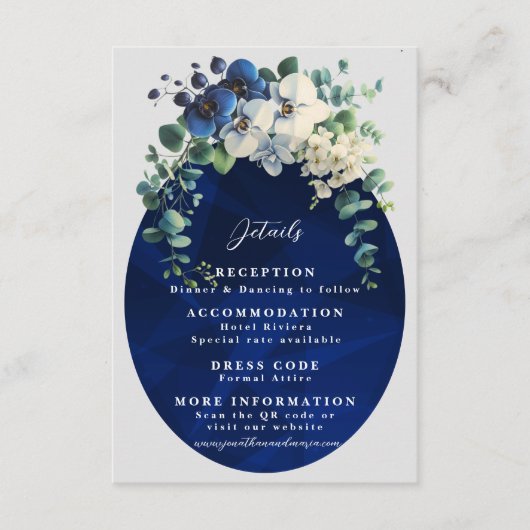 Navy Blue Floral Wedding Details Card, Elegant Informatiekaartje (Voorkant)