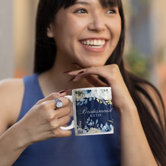 Navy Blue Floral Wedding Elegant Bridesmaid Gift Koffiemok