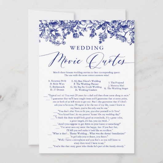 Navy Blue Floral Wedding Film QuoteS Bruidsspel Kaart (Voorkant)