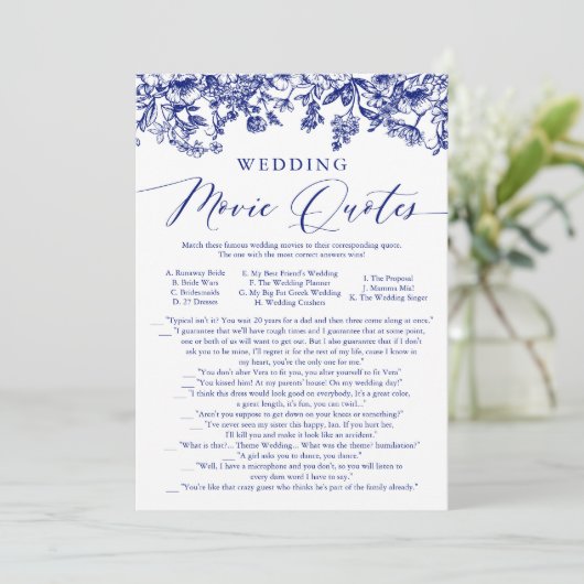 Navy Blue Floral Wedding Film QuoteS Bruidsspel Kaart (Staand voorkant)