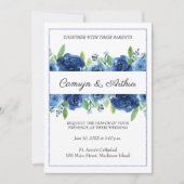Navy Blue Floral Wedding Invitation Kaart (Voorkant)