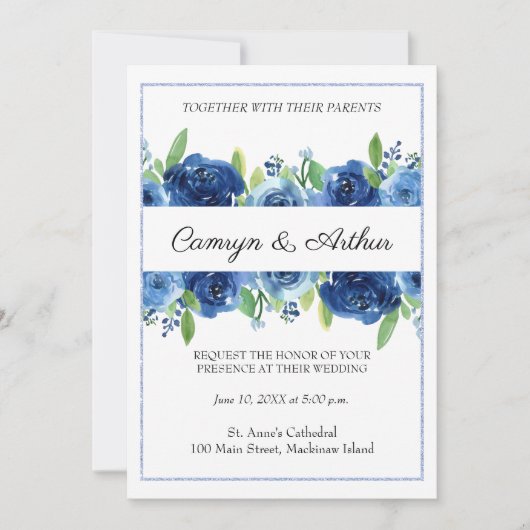 Navy Blue Floral Wedding Invitation Kaart (Voorkant)