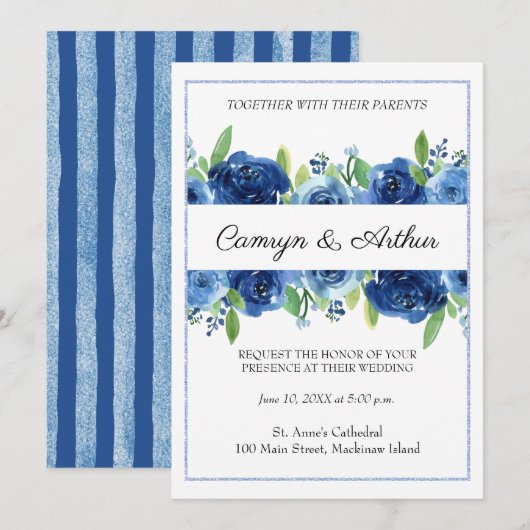 Navy Blue Floral Wedding Invitation Kaart (Voorkant / Achterkant)