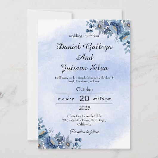 Navy Blue Floral Wedding Invitation Kaart (Voorkant)