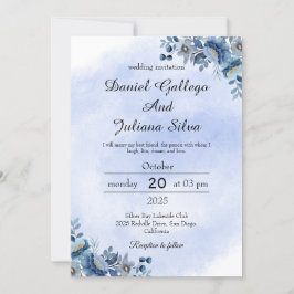 Navy Blue Floral Wedding Invitation Kaart