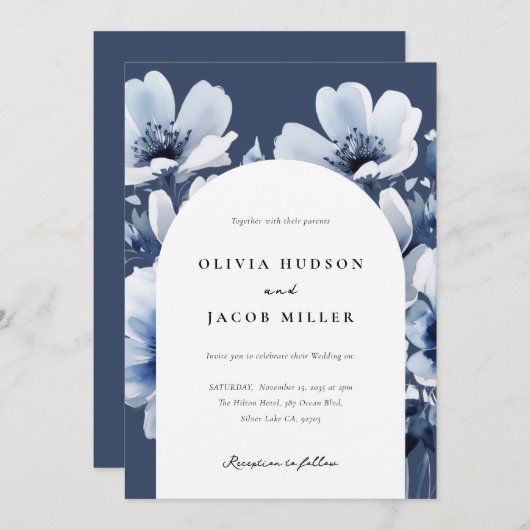 Navy Blue Floral Wedding Kaart (Voorkant / Achterkant)