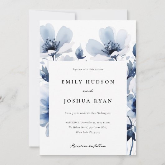Navy Blue Floral Wedding Kaart (Voorkant)