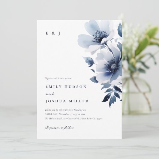 Navy Blue Floral Wedding Kaart (Staand voorkant)