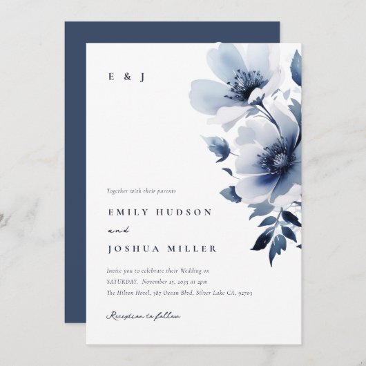 Navy Blue Floral Wedding Kaart (Voorkant / Achterkant)