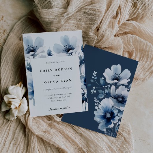 Navy Blue Floral Wedding Kaart