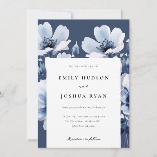 Navy Blue Floral Wedding Kaart (Voorkant)