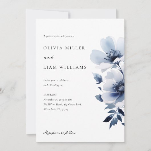 Navy Blue Floral Wedding Kaart (Voorkant)