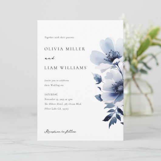 Navy Blue Floral Wedding Kaart (Staand voorkant)