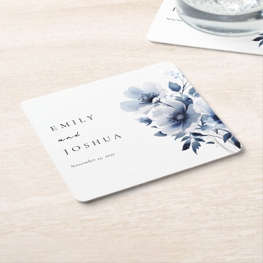 Navy Blue Floral Wedding Kartonnen Onderzetters (Schuin)