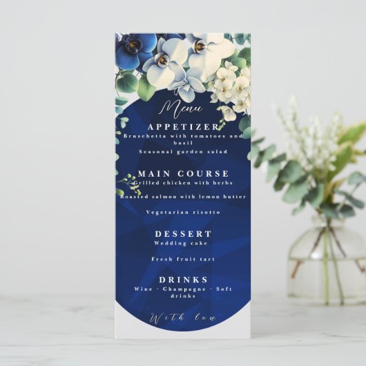 Navy Blue Floral Wedding Menu (Staand voorkant)