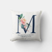 Navy Blue Floral Wedding Monogram Pillow | M Kussen (Voorkant)