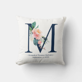Navy Blue Floral Wedding Monogram Pillow | M Kussen