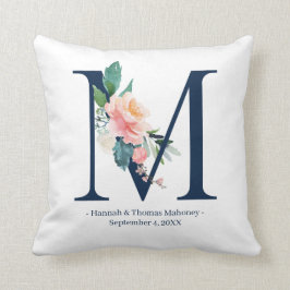 Navy Blue Floral Wedding Monogram Pillow | M Kussen