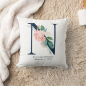 Navy Blue Floral Wedding Monogram Pillow | N Kussen (Deken)