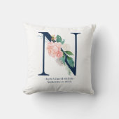 Navy Blue Floral Wedding Monogram Pillow | N Kussen (Voorkant)