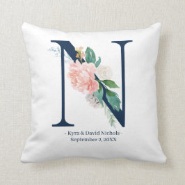 Navy Blue Floral Wedding Monogram Pillow | N Kussen