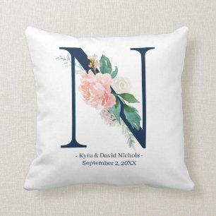 Navy Blue Floral Wedding Monogram Pillow   N Kussen