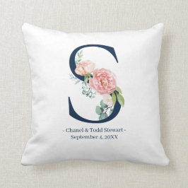 Navy Blue Floral Wedding Monogram Pillow | S Kussen