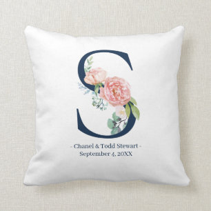 Navy Blue Floral Wedding Monogram Pillow S Kussen