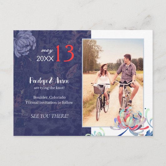 Navy Blue Floral Wedding Photo Save the Date Aankondigingskaart (Voorkant)