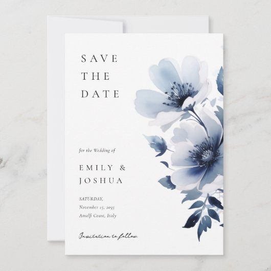 Navy Blue Floral Wedding Save The Date (Voorkant)