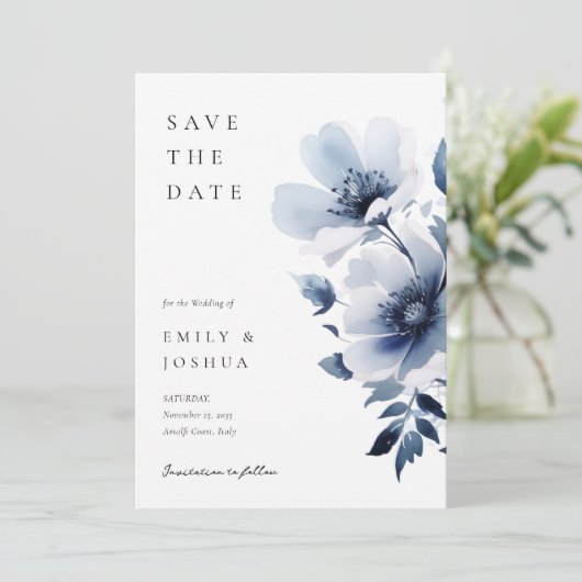 Navy Blue Floral Wedding Save The Date (Staand voorkant)