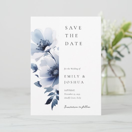 Navy Blue Floral Wedding Save The Date (Staand voorkant)