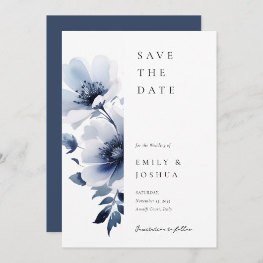 Navy Blue Floral Wedding Save The Date (Voorkant / Achterkant)