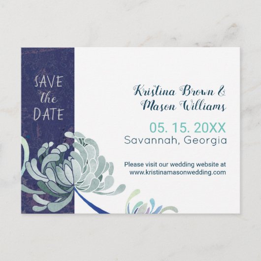 Navy Blue Floral Wedding Save the Date Briefkaart (Voorkant)