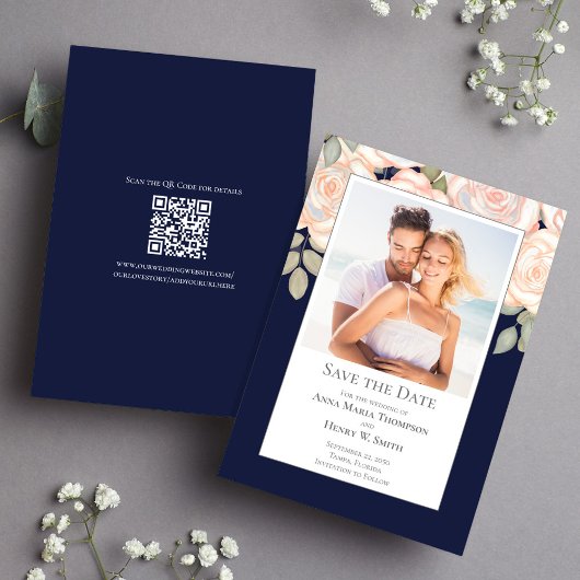 Navy Blue Floral Wedding Save the Date Foto
