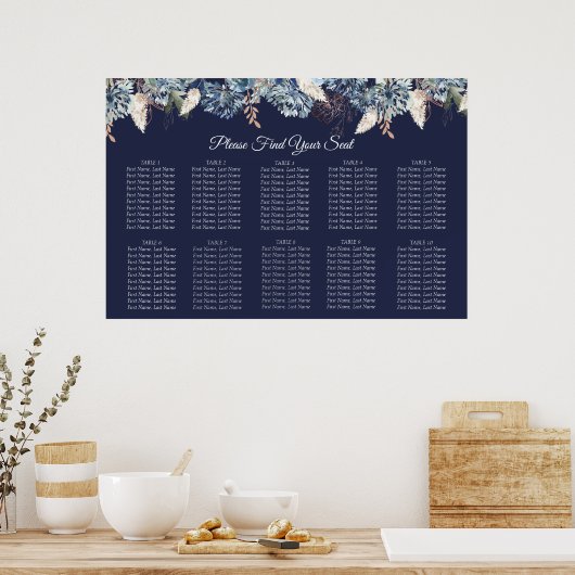 Navy Blue Floral Wedding Seating Chart Poster (Keuken)