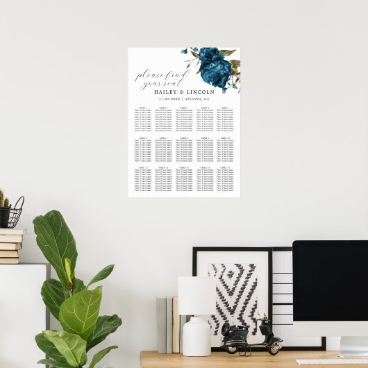 Navy Blue Floral Wedding Seating Chart Poster (Thuiskantoor)